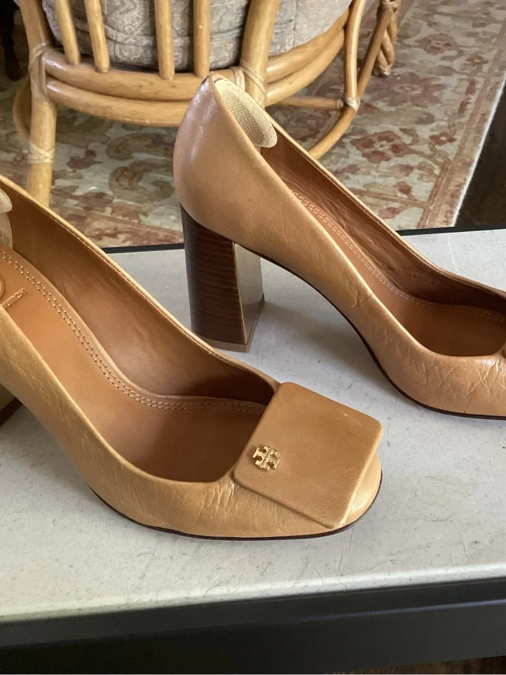 Tory Burch Tan Leather Block Heel Pumps with Gold Logo